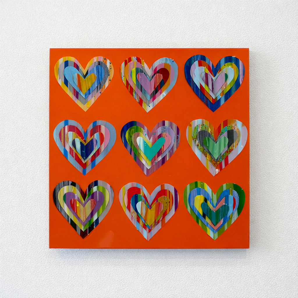 "Nine Hearts” paint chip collage with orange background original painting 16x16
