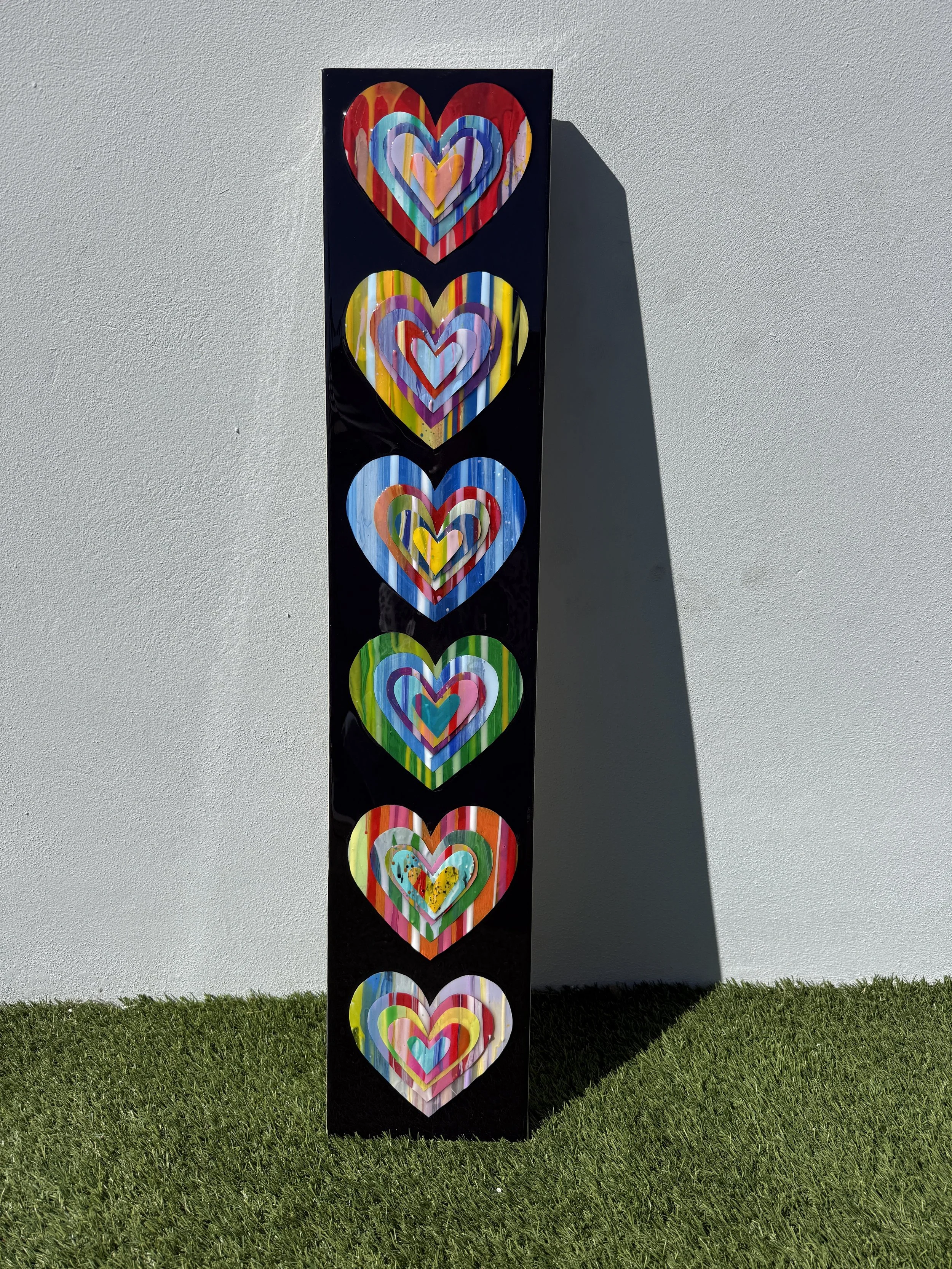 Six Hearts paint chip collage painting black background 8x40