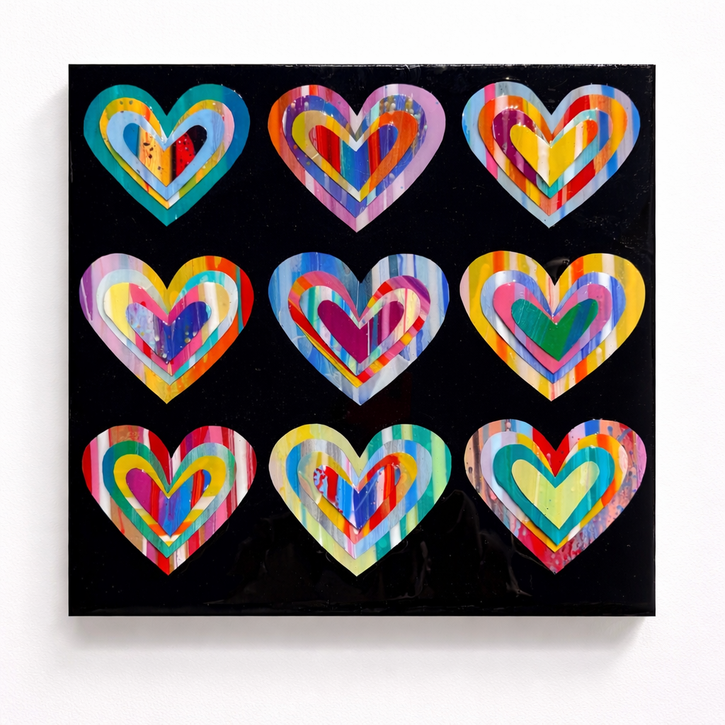 Nine Hearts paint chip collage painting black background 16x16