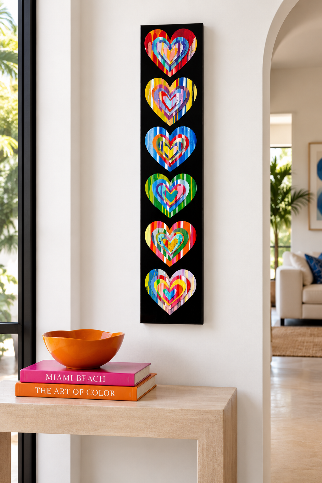 Six Hearts paint chip collage painting black background 8x40