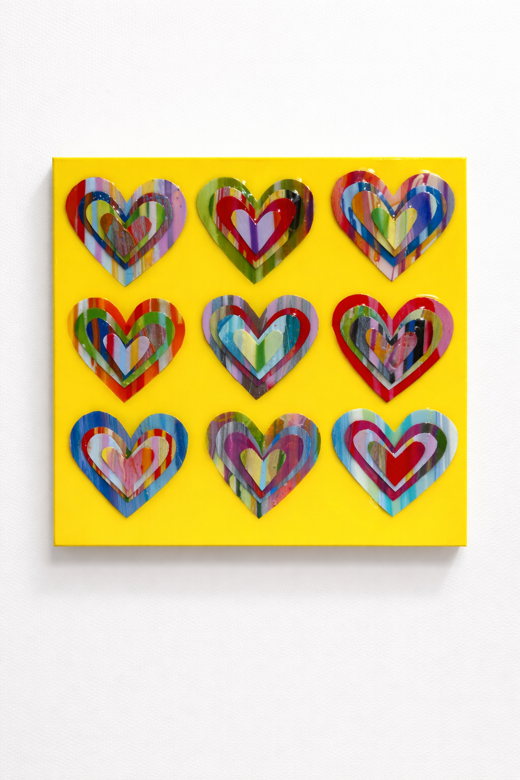 Nine Hearts paint chip collage painting yellow background 16x16