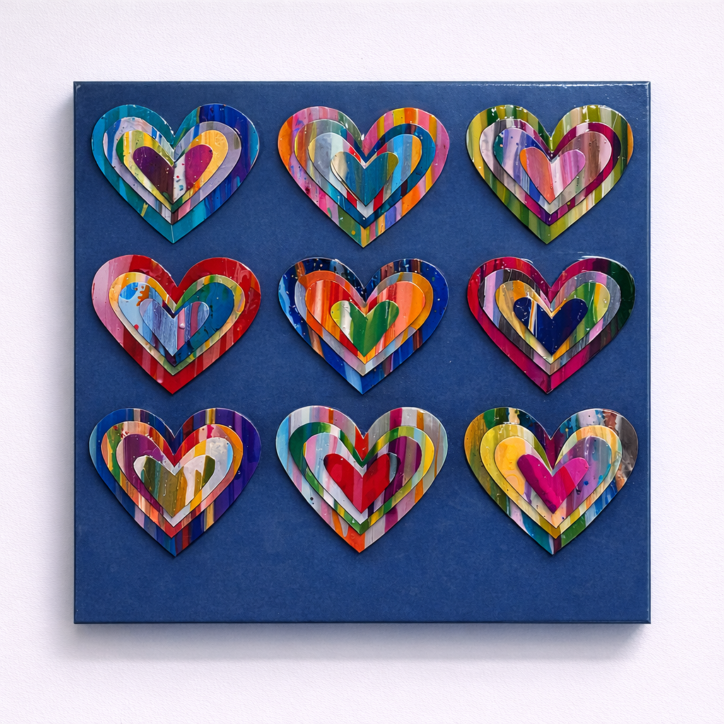 Nine Hearts paint chip collage painting navy background 16x16