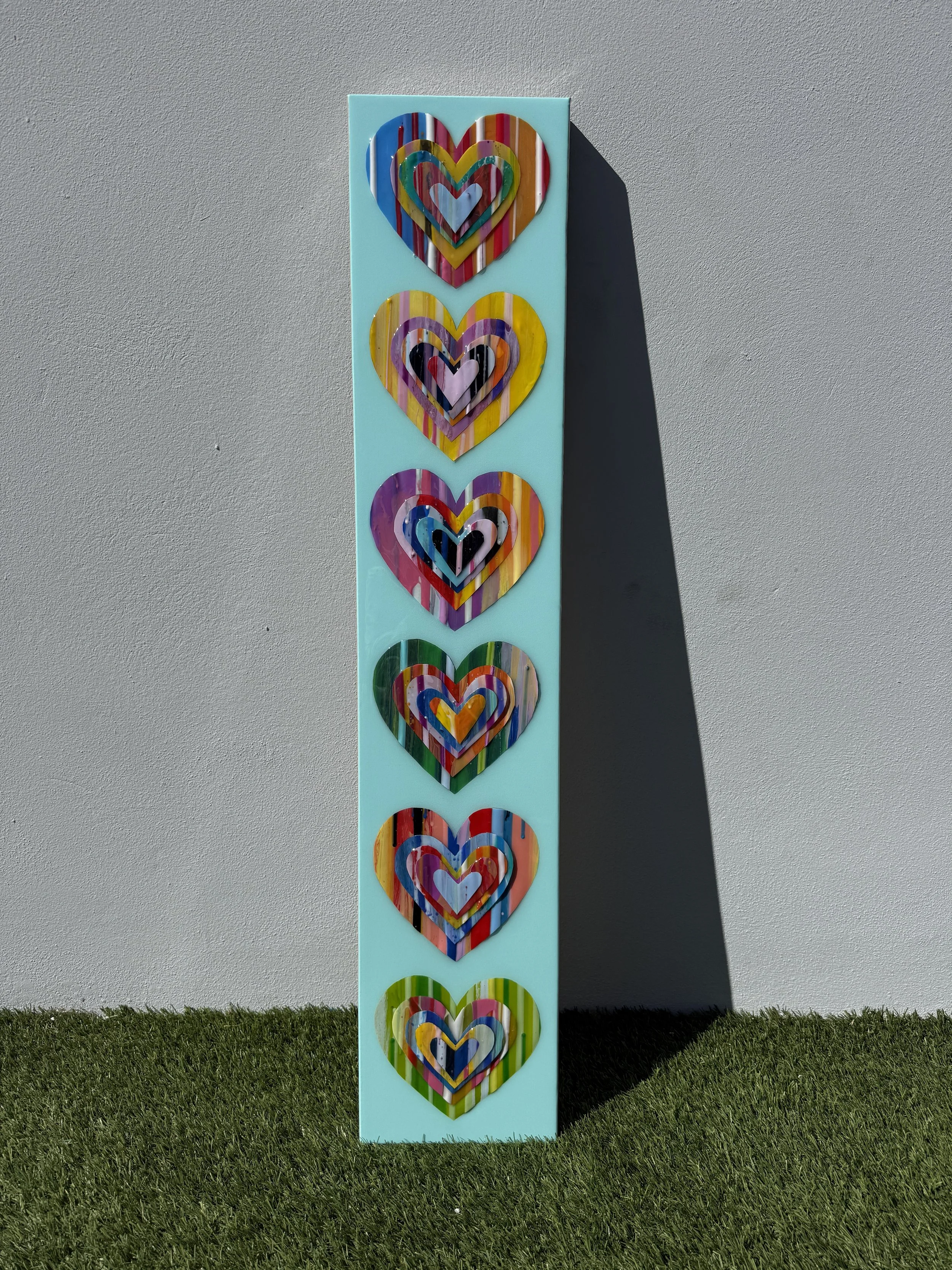 Six Hearts paint chip collage painting teal background 8x40