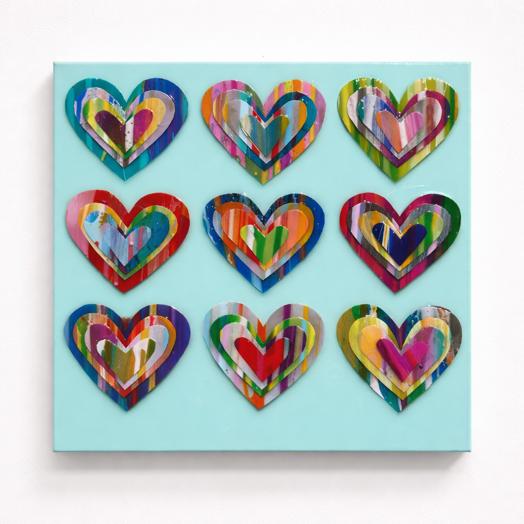 Nine Hearts paint chip collage painting teal blue background 16x16