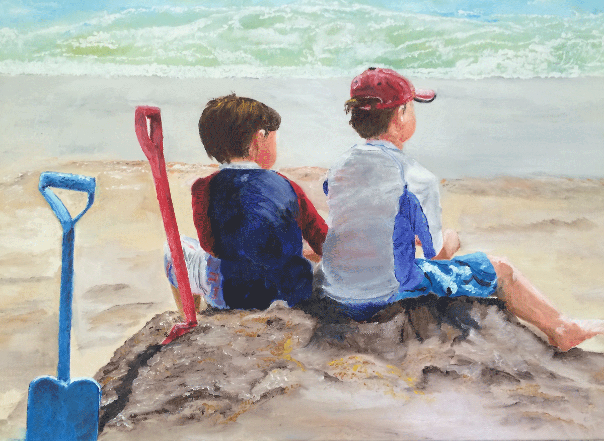 Jim Hallenbeck, Brothers on Wrightsville Beach , 2015, oil on canvas, 16” x 20”