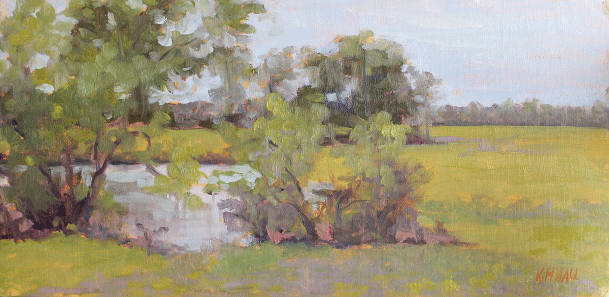 Kim Hall, Spring Rains at the Farm , oil on linen panel, 8" x 16"