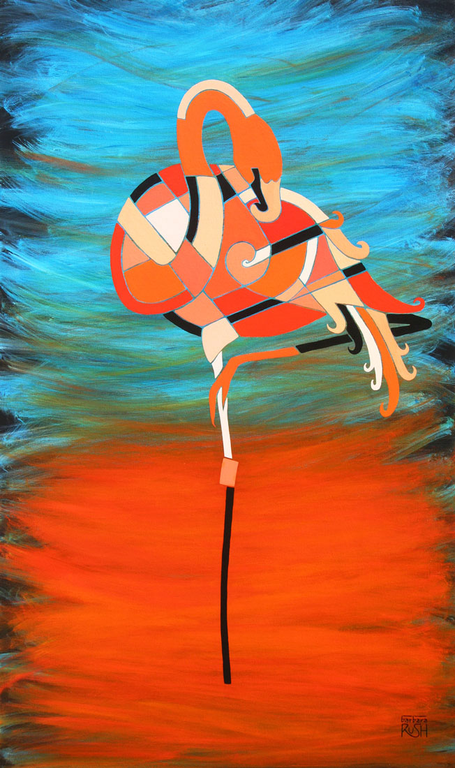 Barbara Rush, An Elegant Flamingo, acrylic on canvas, 36” x 48”