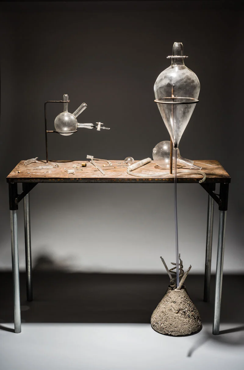 Elias Hansen, (born Indianola, Washington, 1979), This Is an Exact Replica of How I Remember, 2010, Steel table, hand-blown glass, found glass, and found objects, 36 x 48 x 20 inches, Tacoma Art Museum, Gift of Michael and Cathy Casteel, 2017.6.10