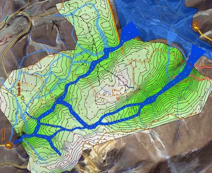 This image shows the results of a Willowstick survey. Dark green indicates magnetic high and the blue lines show individual subsurface water pathways.