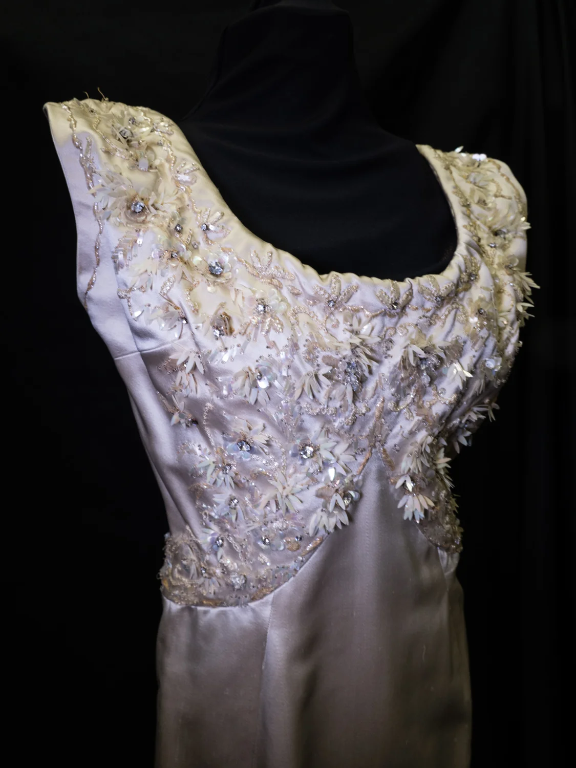 Evening Dress, oyster silk with white pailletté, 1960