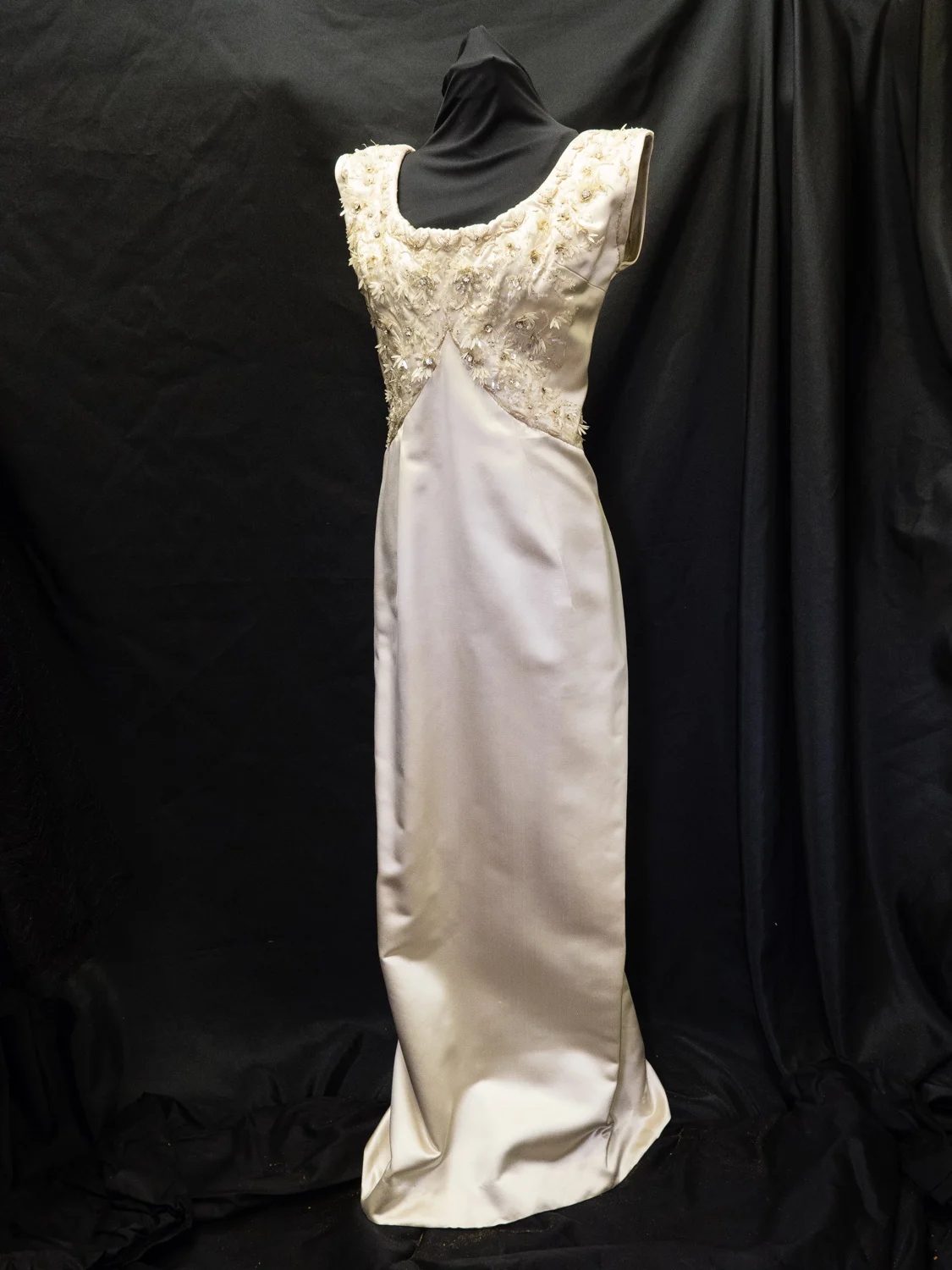 Evening Dress, oyster silk with white pailletté, 1960