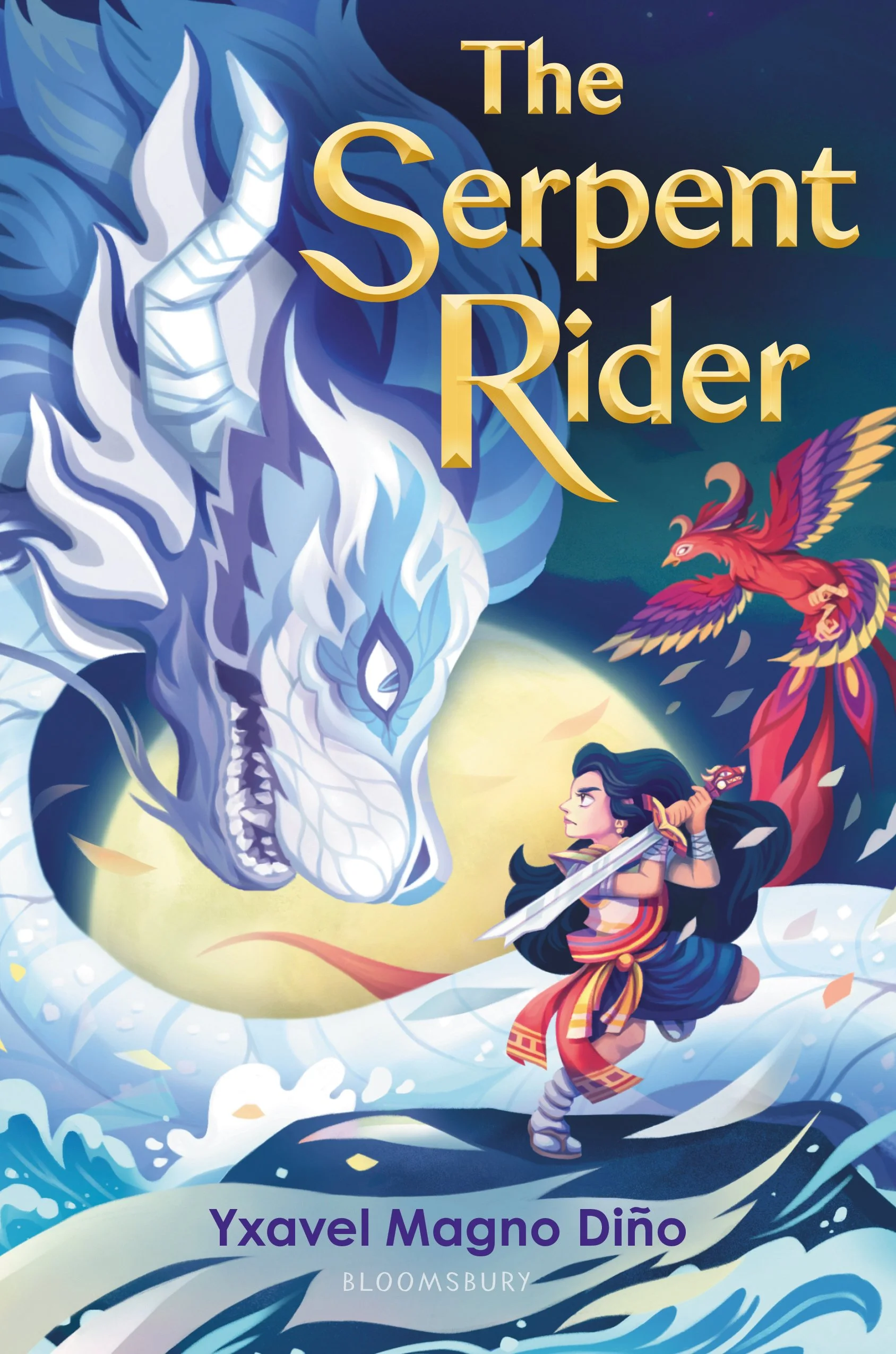 A book cover of a filipina warrior holding her sword up against the great bakunawa (giant mythical serpent) on the chaotic waters as the adarna (phoenix) circles behind against the big yellow moon.
