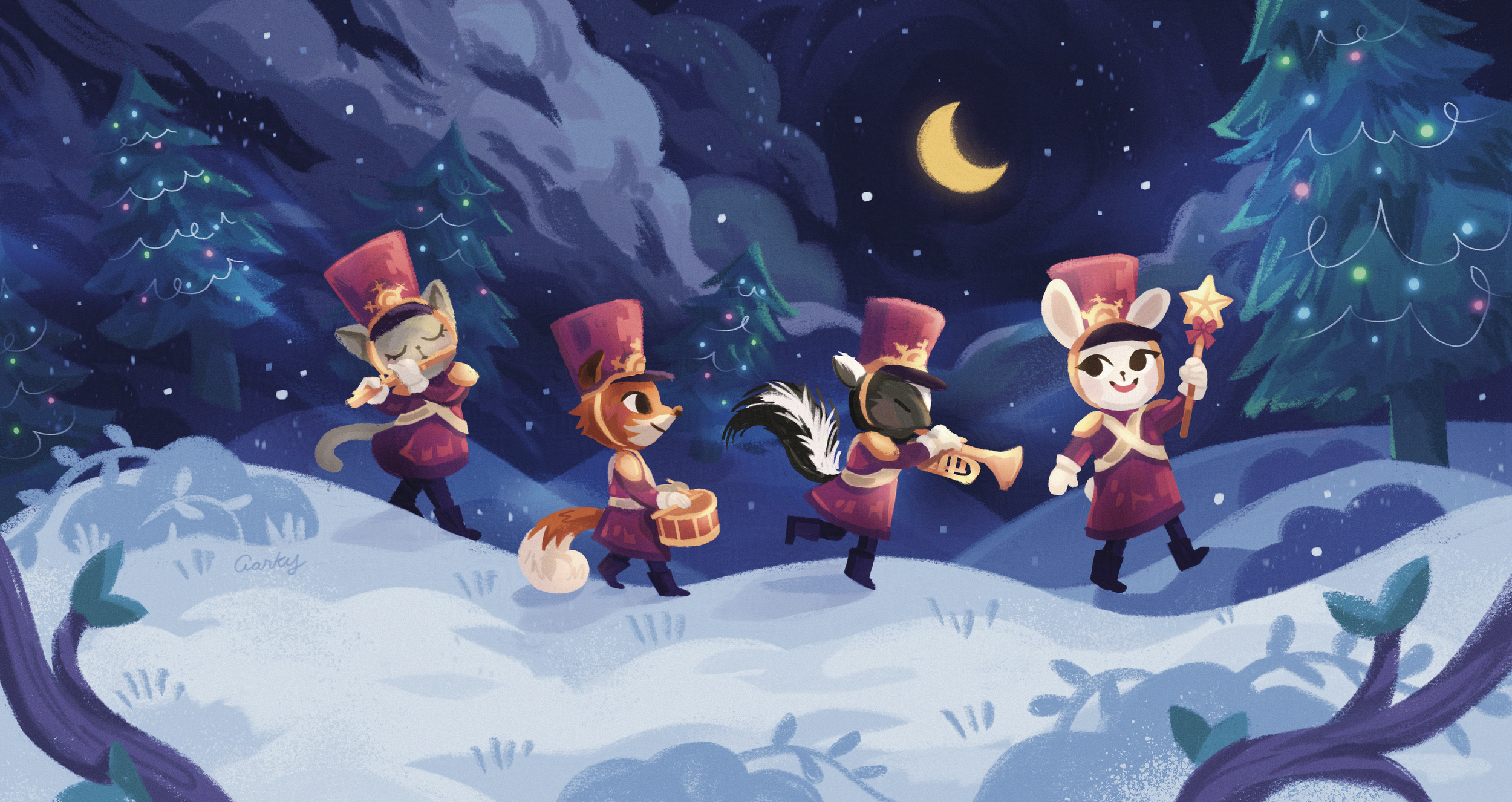 A marching band of animals marching along a winter wonderland in the night.