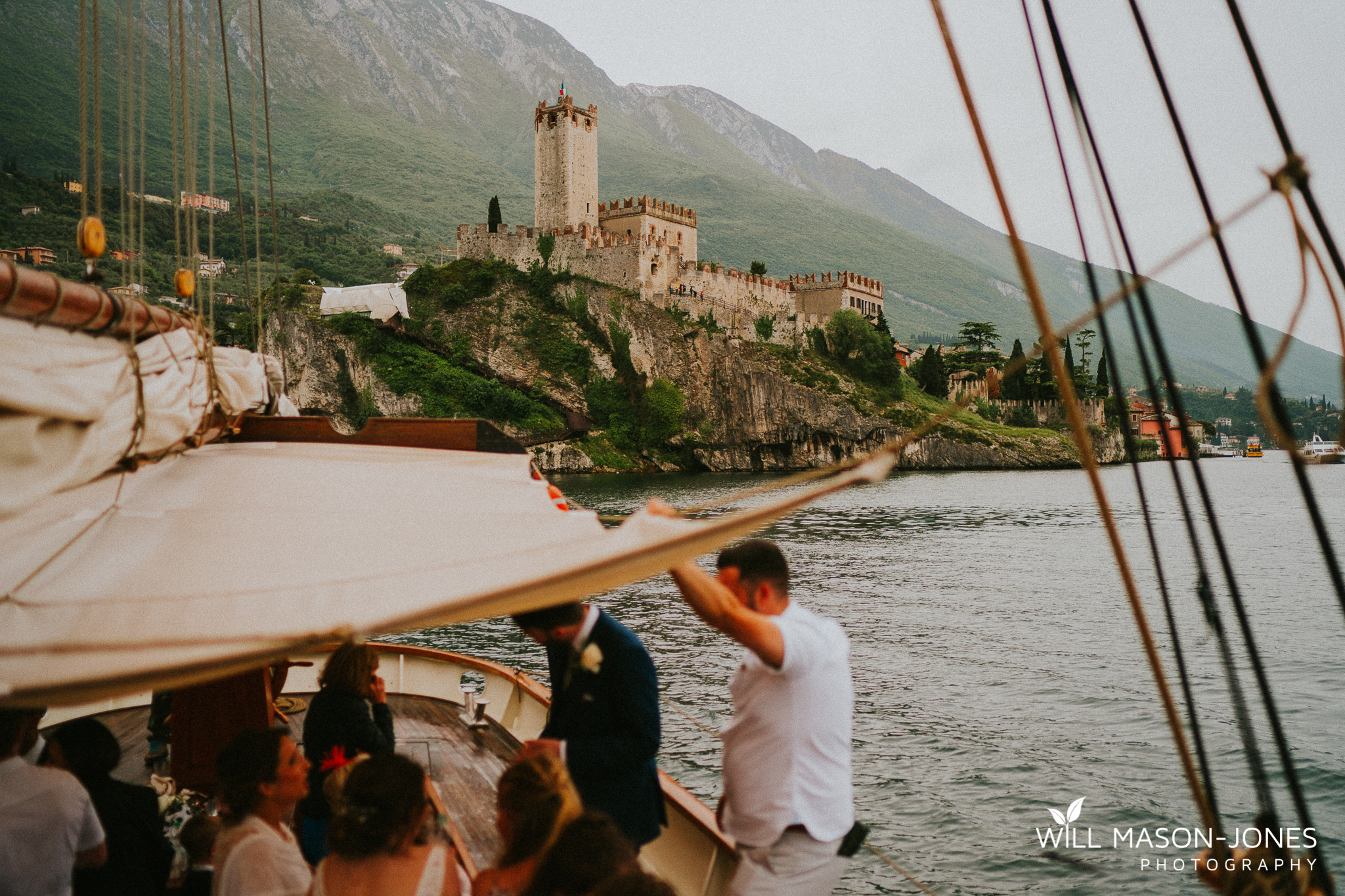  sail boat trip on lake garda after malcesine castle wedding photography 