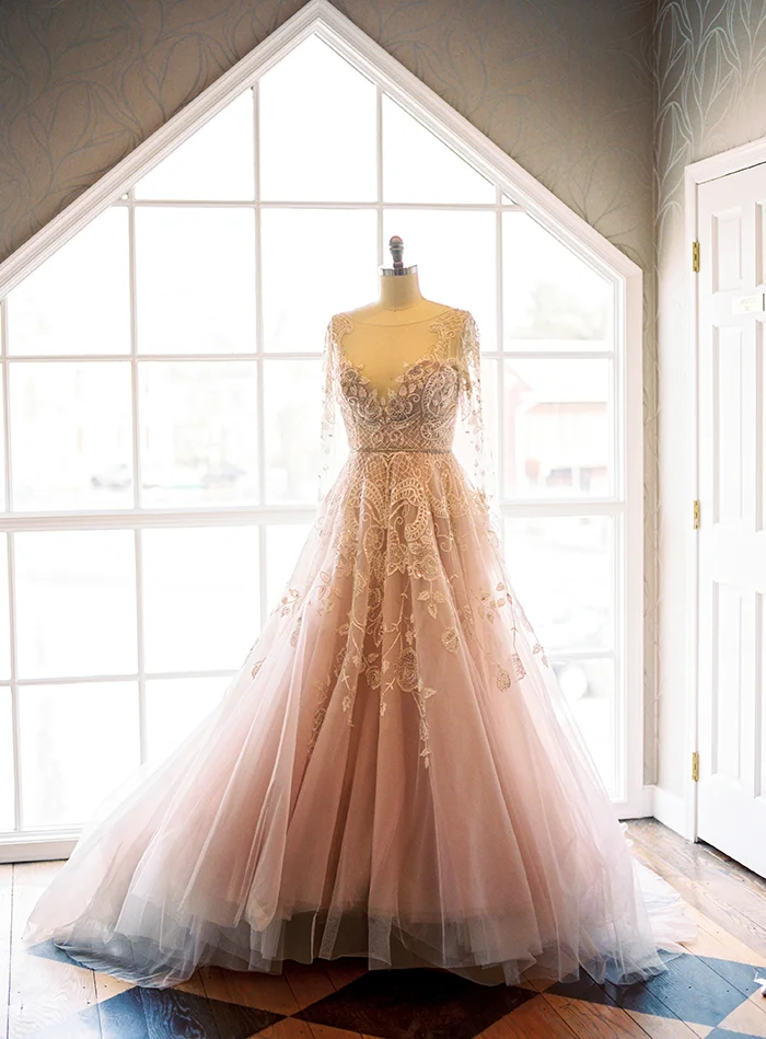 Hayley - Blush Beaded Wedding Dress with Illusion Sleeves