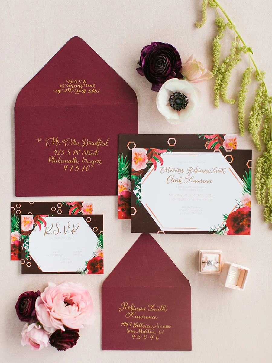 Burgundy Floral Print Wedding Invitation