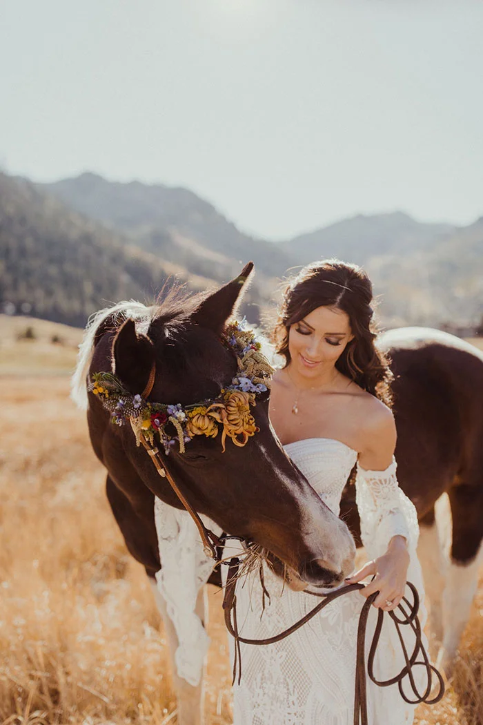 Boho Wedding Inspiration with Bachelorette Becca Kufrin wearing a Rue De Seine Wedding Dress and Haute Bride Accessories