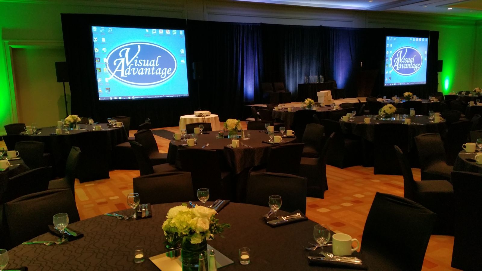 Two Screen Setup with Pipe and Drape and Uplighting