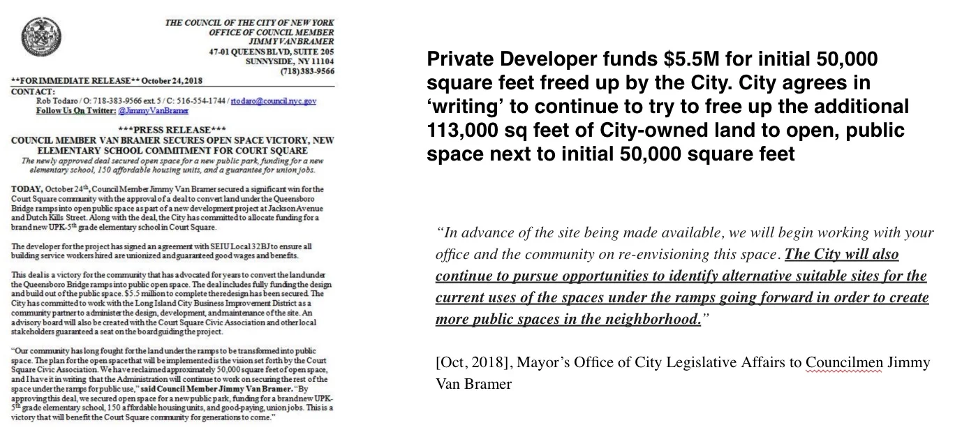 Oct 2018 - As part of a ULURP process where the City sold DOT Air Rights to a Developer to increase the building density (FAR), the City agreed in exchange to convert part of the DOT Lots into Public Green Space with $5.5M in funding provided for initial design build-out and maintenance of the newly public space.