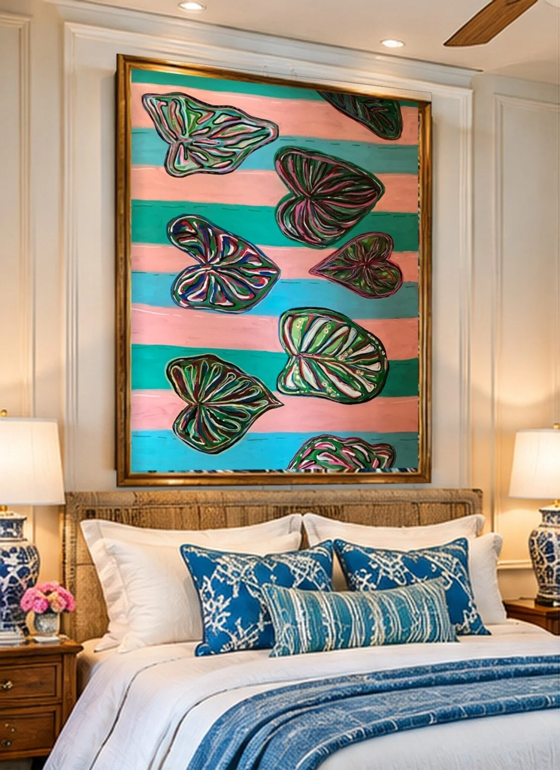 0138_Heart-Leaves-Pink-Aqua-Stripes_48x36in_Bedroom.jpg