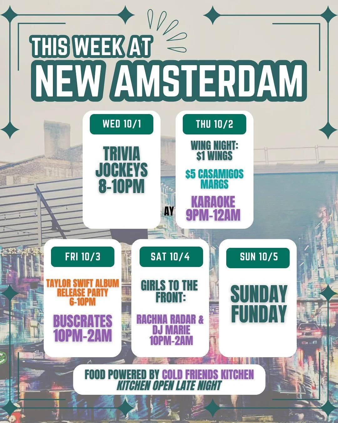 Here is what the first week of October has in store! 🥂 We are featuring a Taylor Swift themed cocktail menu ALL WEEK to celebrate her new album! 💿 
▪️WED: TRIVIA 🤓 
▪️THU: WING NIGHT/$5 MARGS/KARAOKE🍗🎤 
▪️FRI: Taylor Swift Album Release Party 6