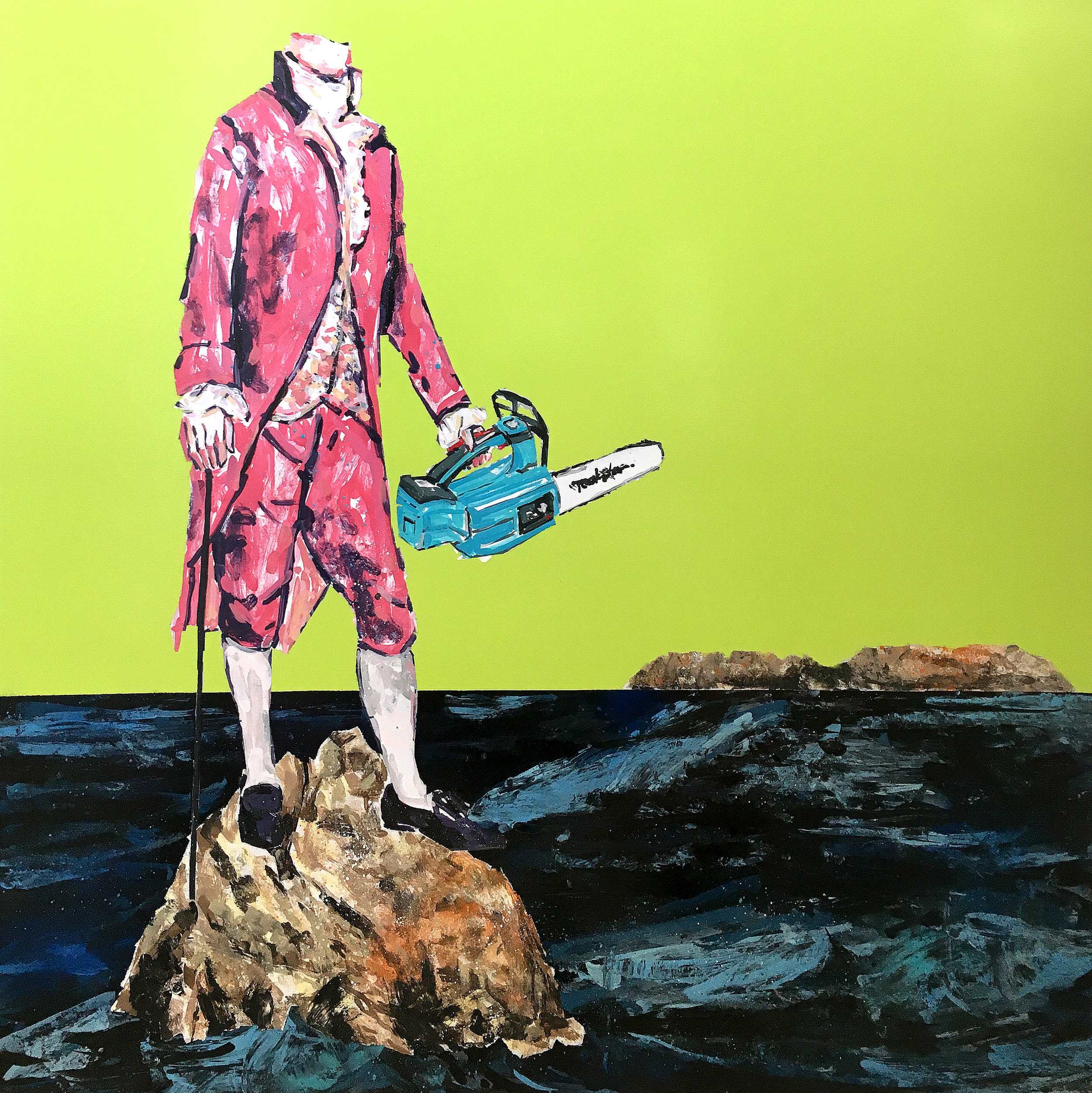 COLONIAL WITH CHAINSAW,60X60CM, Enamel on Aluminium .jpg
