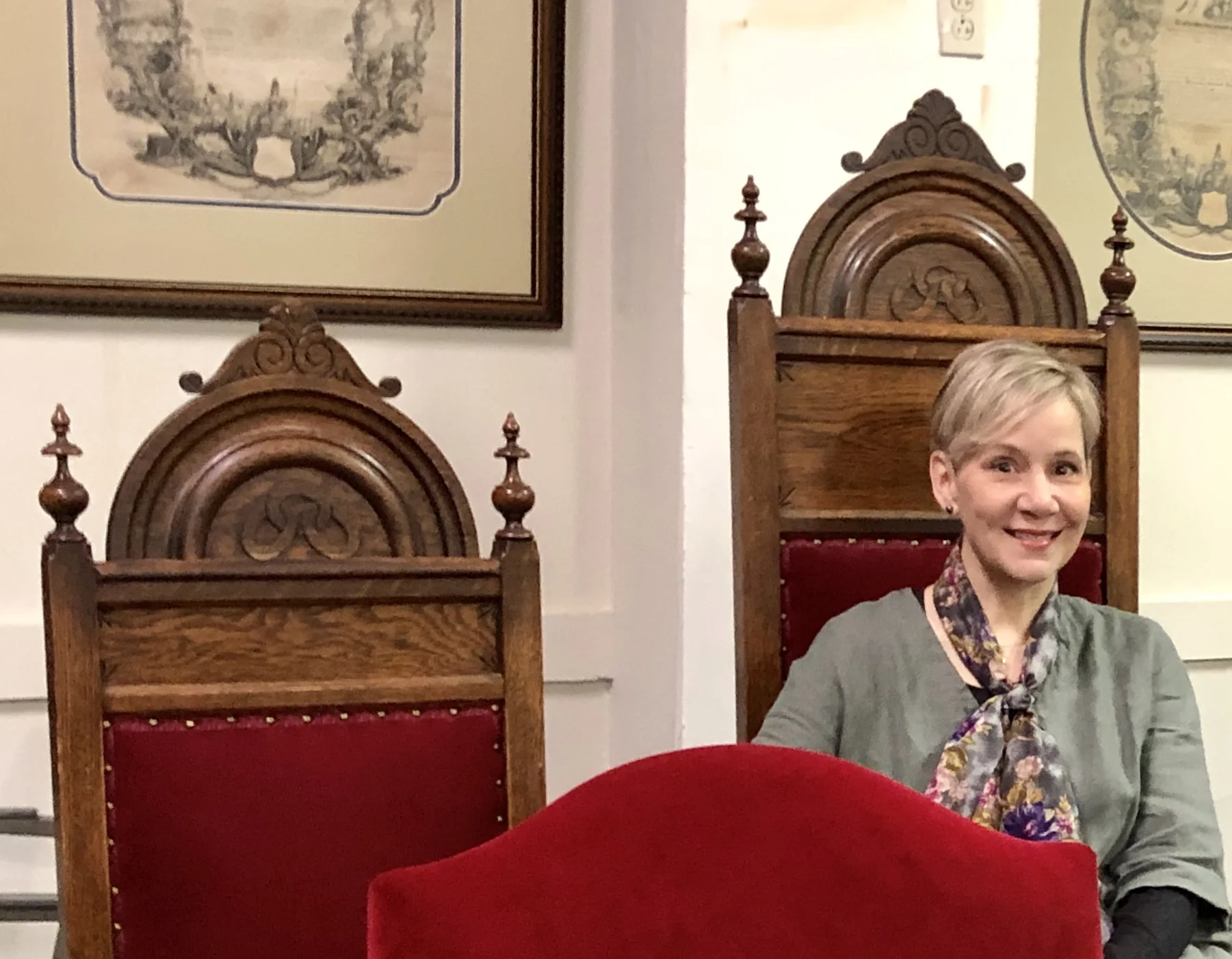 This photo was from my visit to the Mountain View Odd Fellows. I’m sitting in the super fancy Noble Grand’s chair and hope I wasn’t breaking any rules. These old hand carved chairs are so unusual and… old!