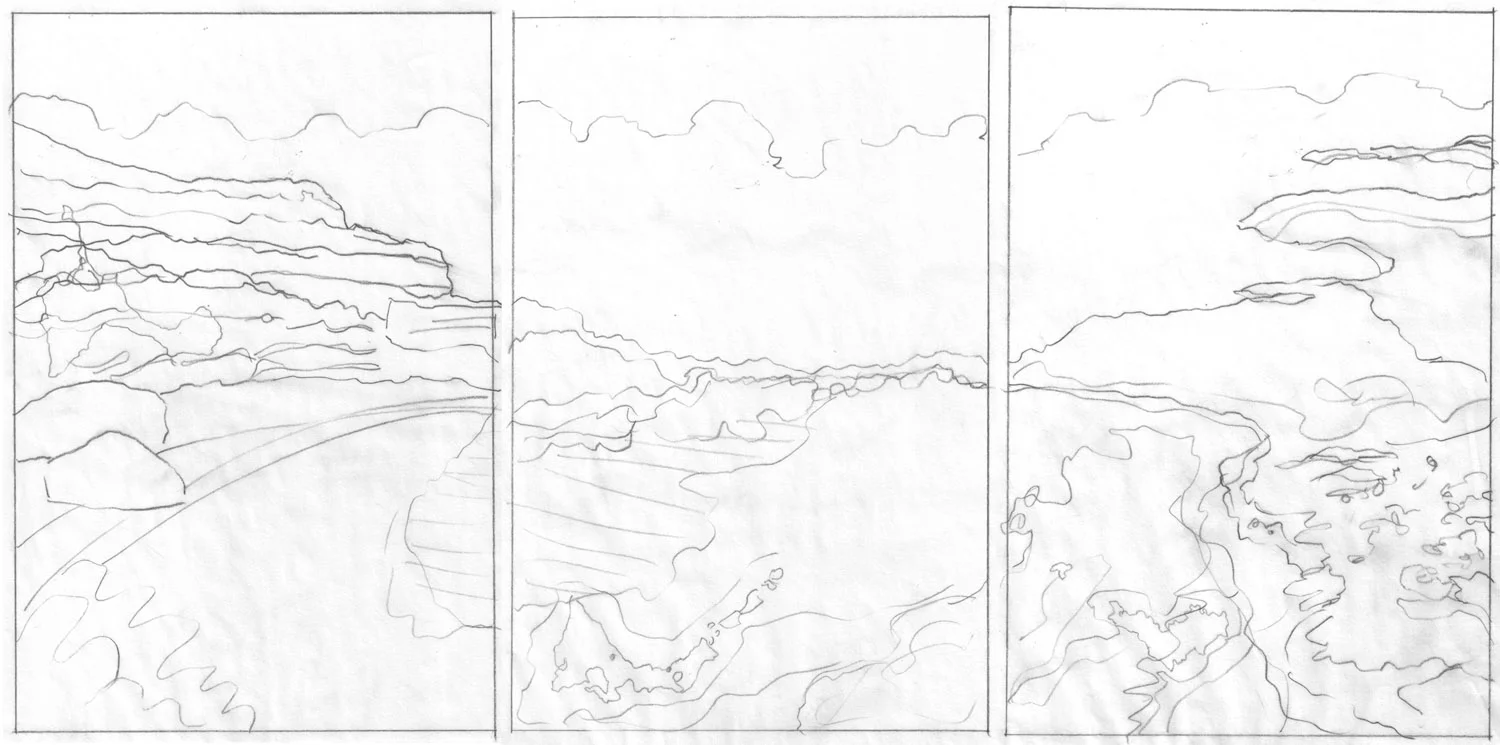 The drawings are scaled to the final size and show major composition elements. 