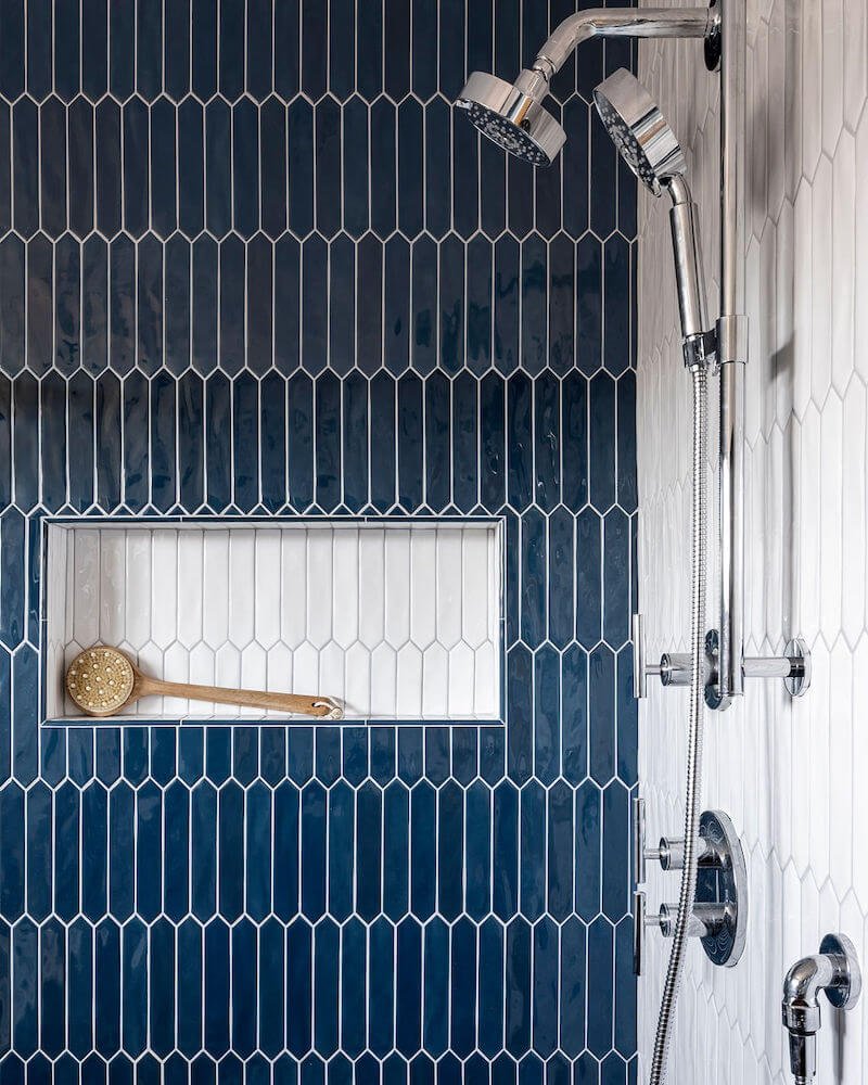 Sequoyah MidCentury Modern Bathroom Remodel in Oakland - Blue Shower Tiles on White Niche.jpg