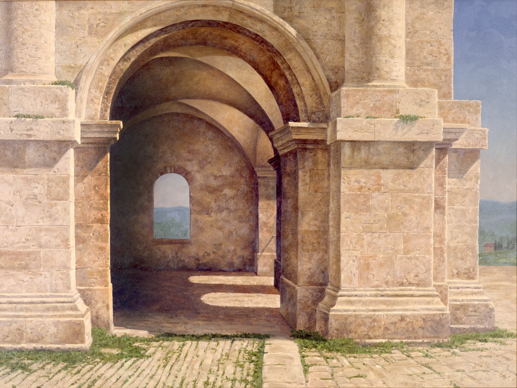 The featured painting of the exhibit is attached. It is a painting by Joseph Reboli painted during a visit to Italy. It’s title is Roman Ruins, it is an oil on canvas painting, the size is 42” x32”.
