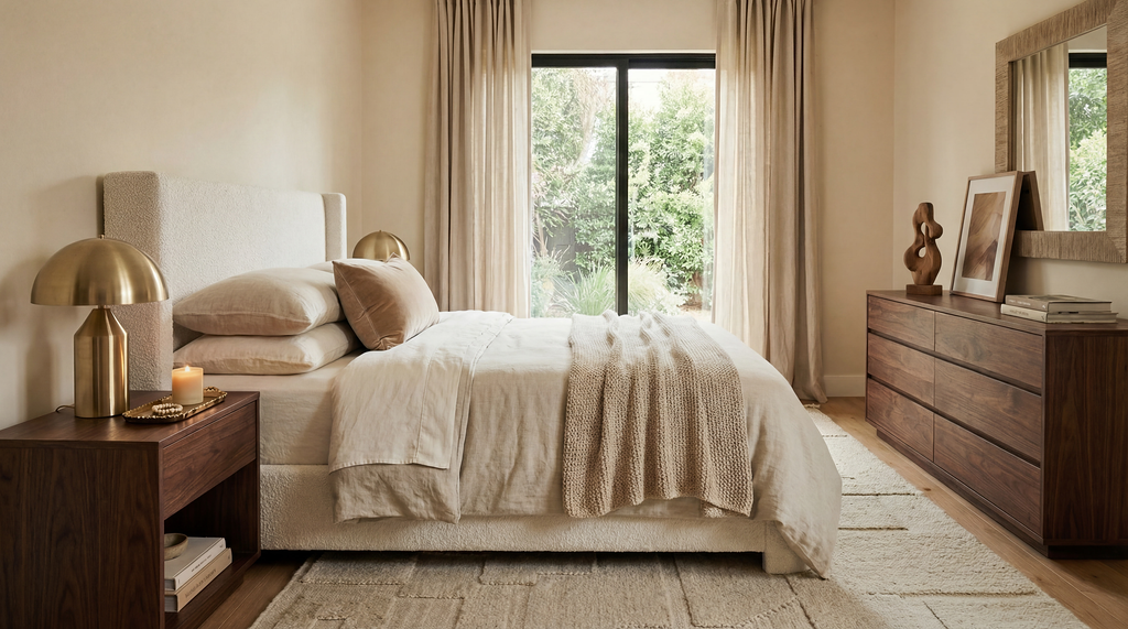 Bed with white fabric bedframe, off white duvet and pillows,rug underneath, and wood nightstand.