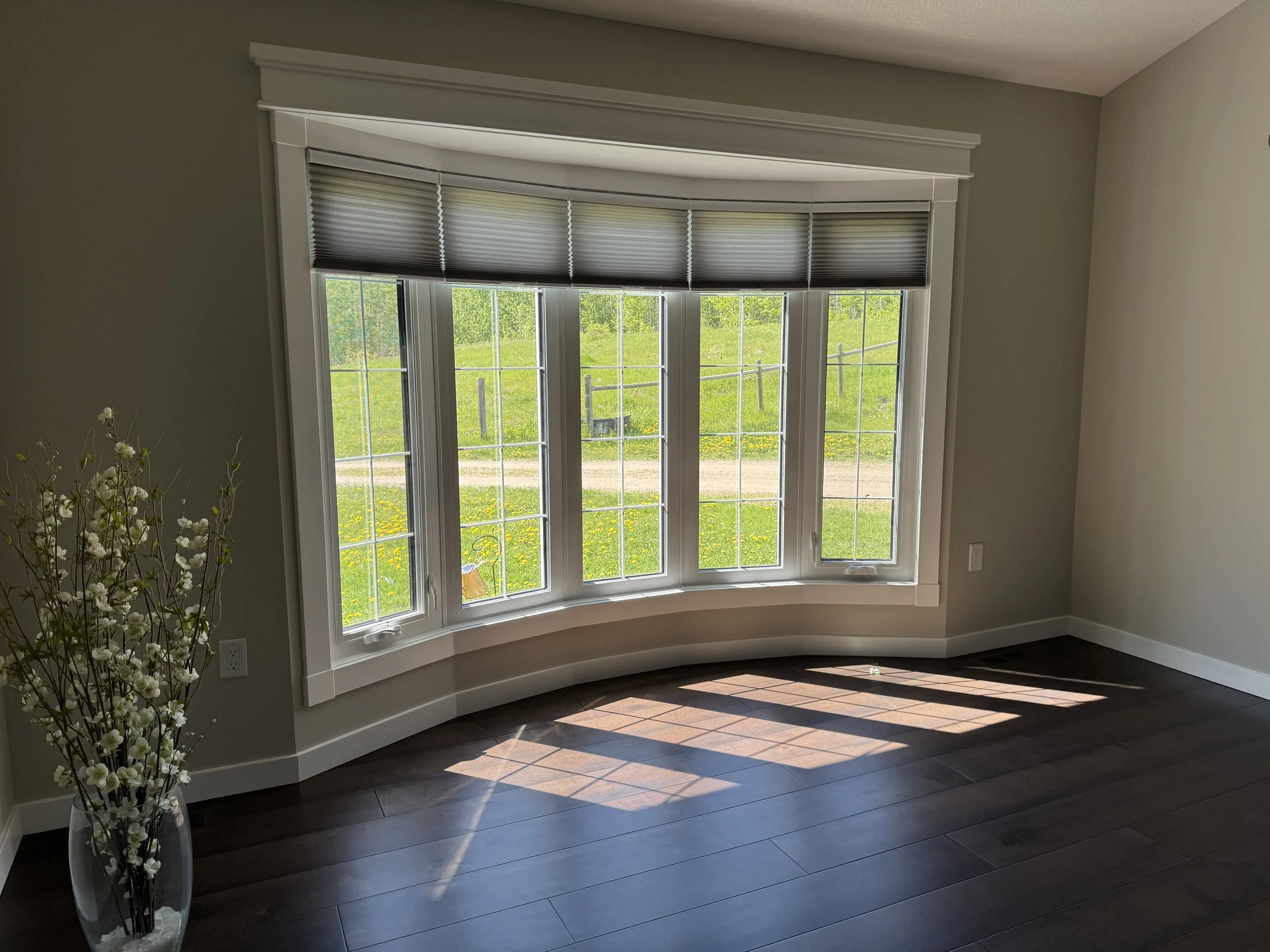 Blinds fitted on a window split into five panes.