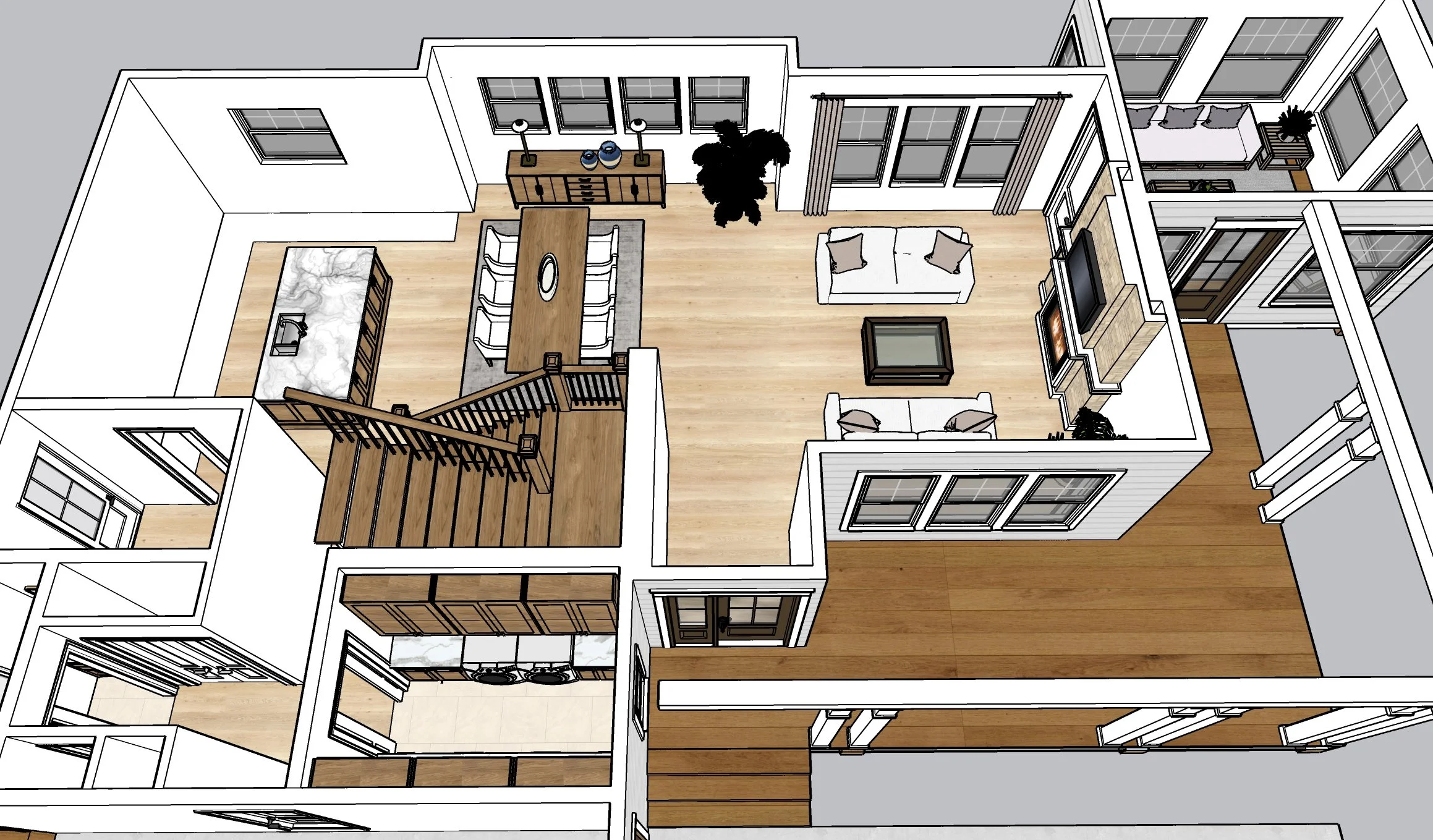 3D rendering of the inside of a house.