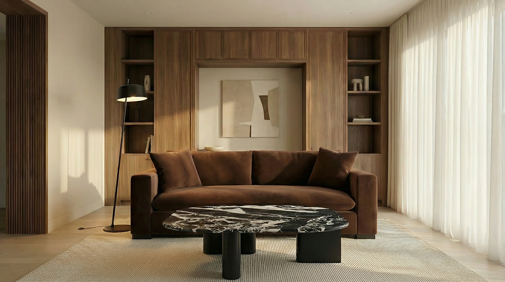 Brown couch, with a marble coffee table, and wooden shelves behind it.