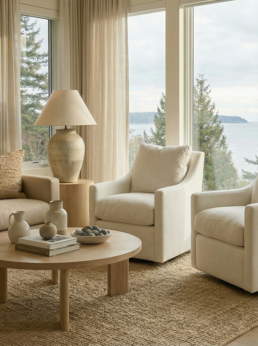 White armchair, with wood coffee table, and end tables with a large lamp on it.
