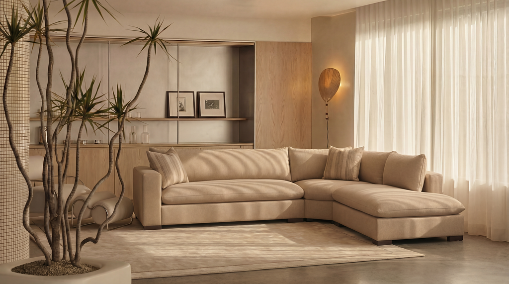 Beige sectional, with warm rug, and feature wall light behind.