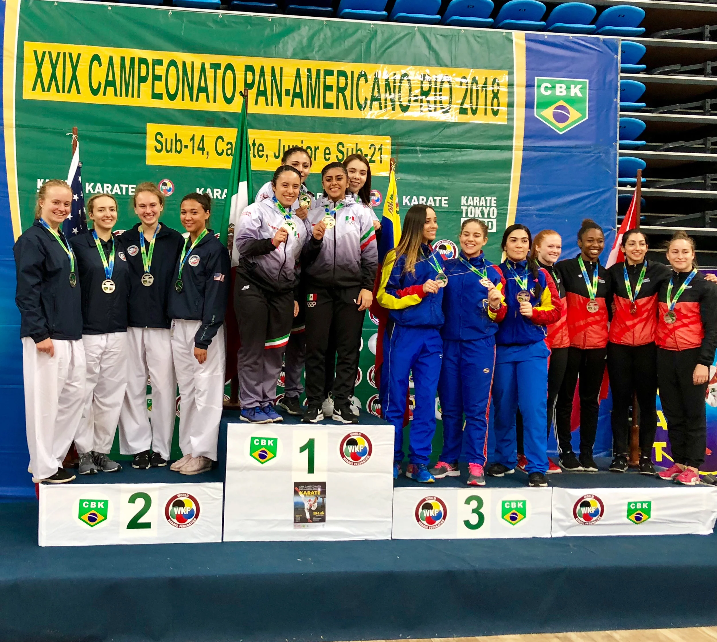 ISKC's Cirrus Lingl, Kassidy Mahoney & Skylar Lingl take a silver medal in the 18-20 Female Team Kumite Division.
