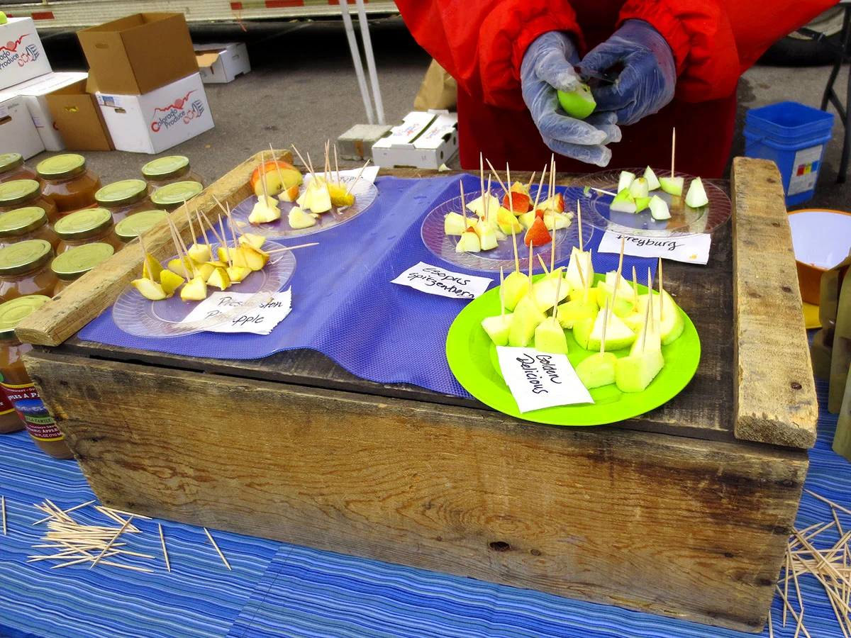  Sweet and tart Colorado-grown apples are put out for sampling. 