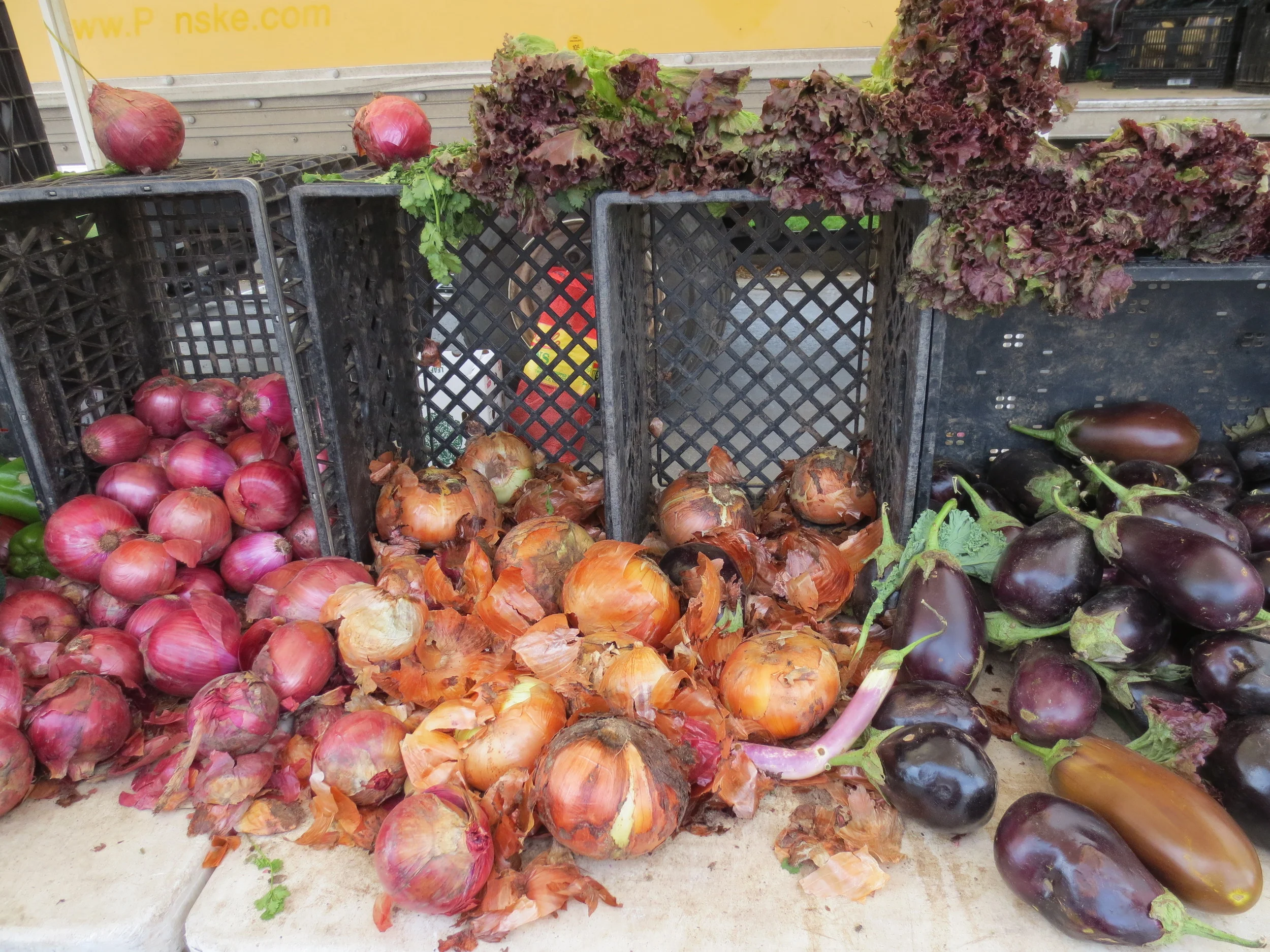  Vegatables tumble onto a display table to be sold. 