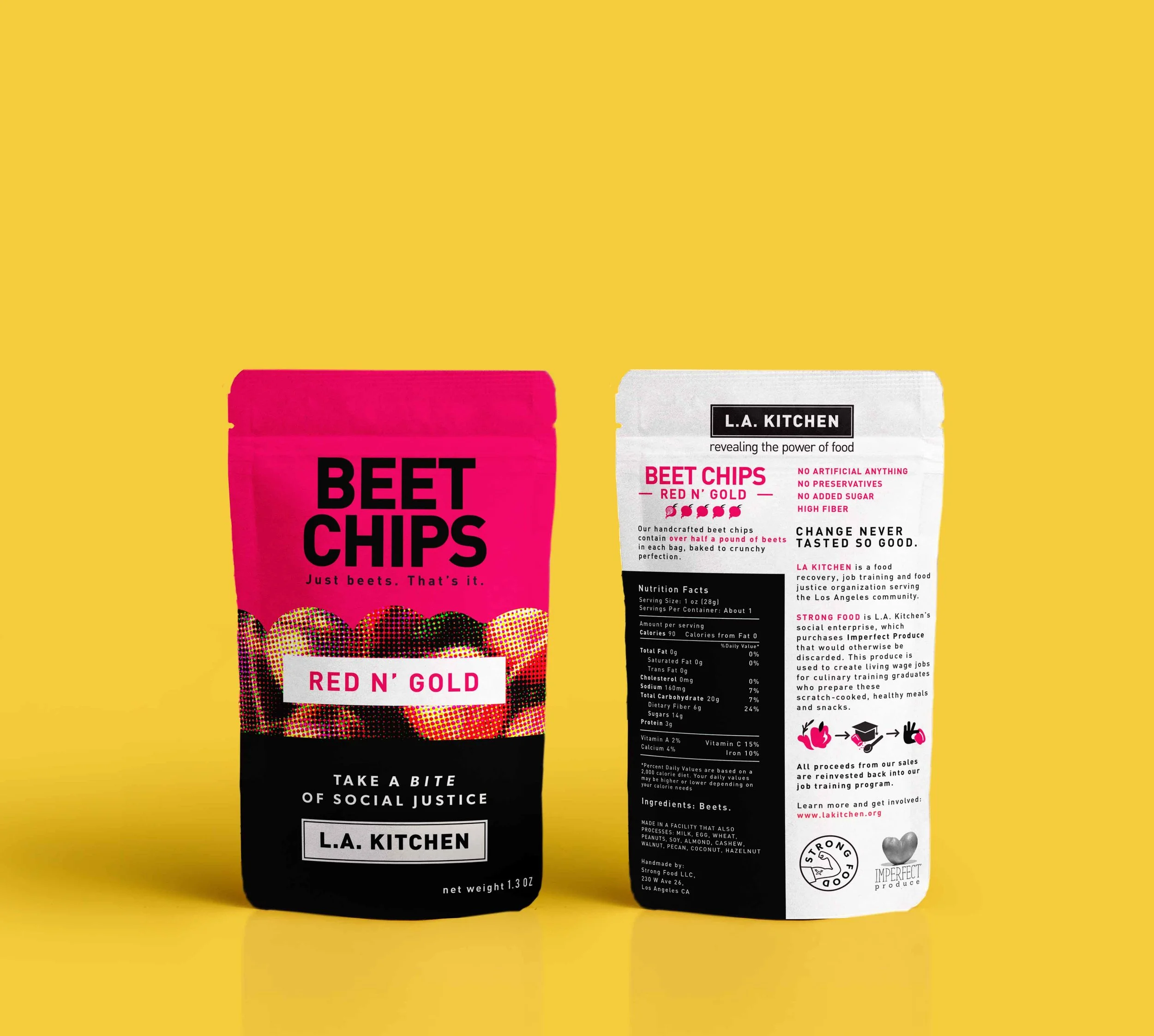 Beet Chips, Red n' Gold flavor. Front and back of package.