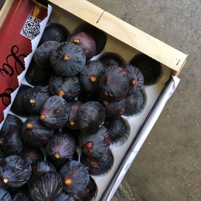Black Figs in late summer Photo ©Evie Saffron Strands Figs This week we have the most luscious black Figs from France, so, it seemed fitting to focus in on Figs for this week’s News report. Many fig trees, when grown in the hot and dry conditions of a long summer, produce two crops a year. The first fruits, known as breba , develop in Spring on the previous year’s shoot growth and are harvested in early summer. The second crop develops mostly on current season stems. These fruits, grown at the hottest time of year ripen in late summer into autumn and have an unparalleled honeyed sweetness. The fig is a member of the Mulberry family and is more flower than fruit; being a fleshy flower base that has folded in on itself. The inner female florets develop into small individual dry fruits that crunch like seeds. They contain a surprisingly large amount of calcium for a fruit. Notable European fig varieties include Black Ischia , (dark purple in colour with golden flecks and a luscious violet-red pulp); Adriatic , (a green fig tinged with purple or red with deep red interior); and the sweet Marseilles , (coloured yellow/green with green flecks and a white pulp). The honeyed quality of their flesh means figs are not only good for desserts but match beautifully with savoury ingredients like anchovies, poultry and air-dried meats. They pair equally well with pungent creamy cheeses like Gorgonzola or Stilton, or a milder soft goat’s cheese. Thyme is a herb that mingles happily with figs. For a sweet end to a meal, they are delicious just as they are – particularly if they are so luscious they have begun to split - but they go well with chocolate, nuts and orange and spices like aniseed, cinnamon and vanilla. Less ripe ones are delicious baked in the oven in red wine, sugar and spices and maybe a little orange zest too. And don’t forget, figs make wonderful chutneys and jams. 