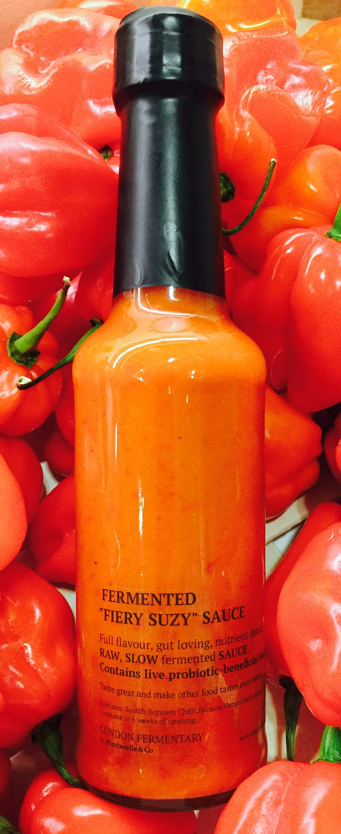 Fiery Suzy Sauce Photo © Puntarelle&Co Ltd NEW in the Fridge: Fiery Suzy Sauce For those customers who like their sauces extra hot (yes, that’s you Susan) we have developed a new fermented sauce which we are calling ‘Fiery Suzy’ . Made from hot, hot, hot Scotch Bonnet chillis and a few other good natural ingredients, we think this will hit the spot. Pick up a jar from our Ferments Fridge tomorrow and let us know what you think.