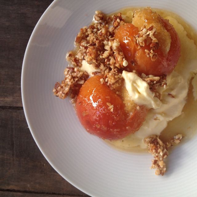 Baked Apricots with marzipan filling & almond crumble Photo ©Evie Saffron Strands