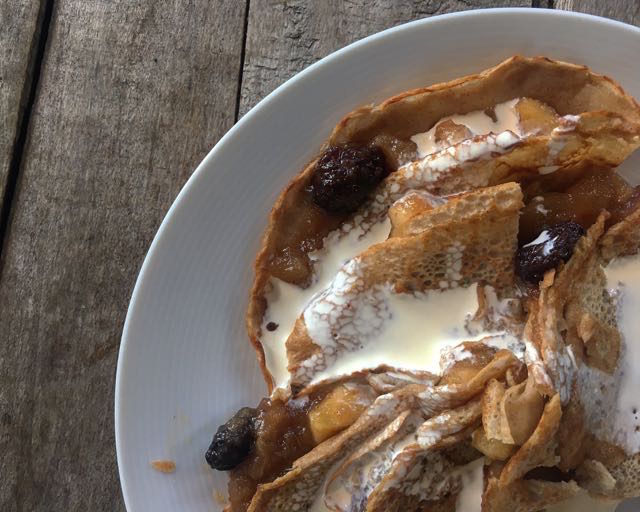 Buckwheat Pancakes with apples, raisins and walnuts Photo and recipe ©Evie Saffron Strands
