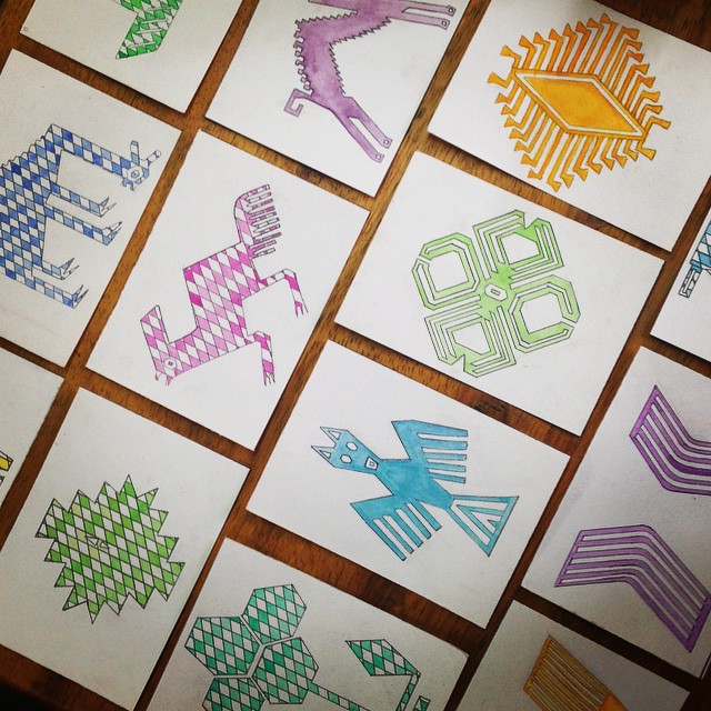  Watercolor Cards of woven Quechua symbols to promote the passage of symbolic knowledge to prospective buyers for Awamaki's woven line of goods, Ollantaytambo, Peru 2014 