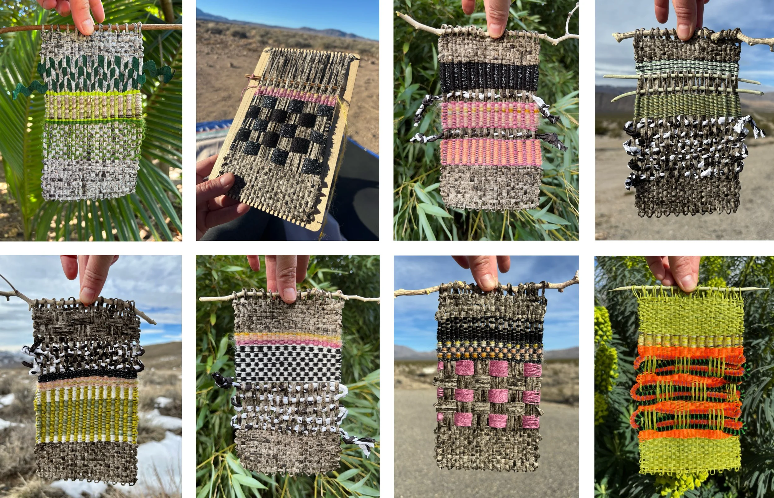 series of small wilderness-created weavings