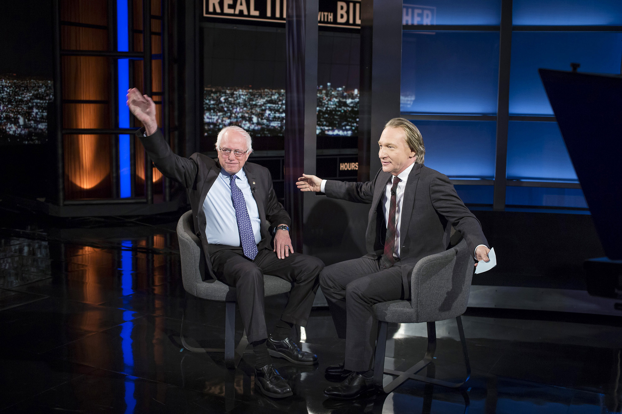 Maher with Presidential candidate Bernie Sanders (left), who made an appearance on “Real Time with Bill Maher” in October. Photo by Janet Van Ham