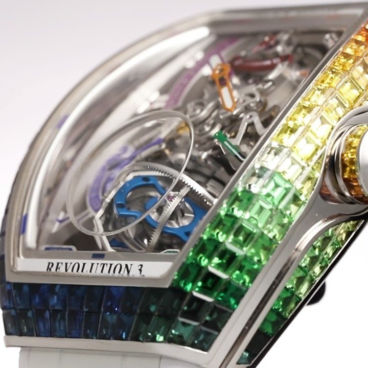 Experience the mesmerizing precision and complexity of the Vanguard&trade; Revolution 3 Skeleton Rainbow. The extraordinary three-axis tourbillon orchestrates a symphony of time, rotating through cycles of one hour, eight minutes, and 60 seconds acro