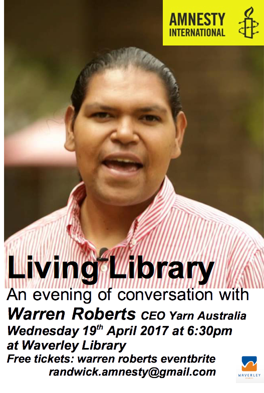 2017 APRIL 19TH YARN Australia Founder invited to Randwick Amnesty International Group to be Guest Speaker at their Living Library at Waverley Library