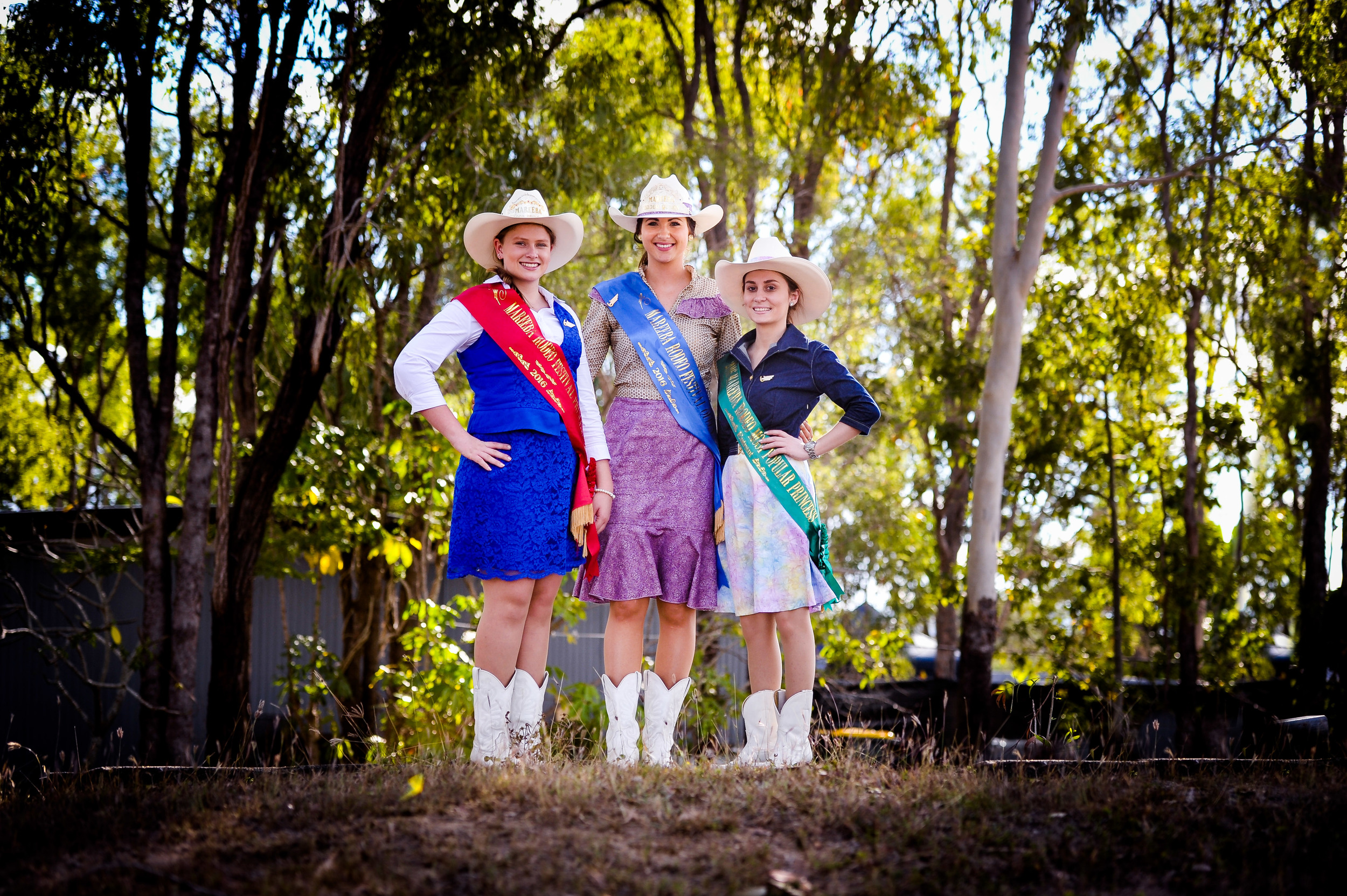 2016 Rodeo Queen competition winner's (c) Queen Sarah Bensted in custom Milva Carucci Designs (r) Miss Personality Angel Pulverenti also in custom Milva Carucci Designs Source: Peter Roy Photography